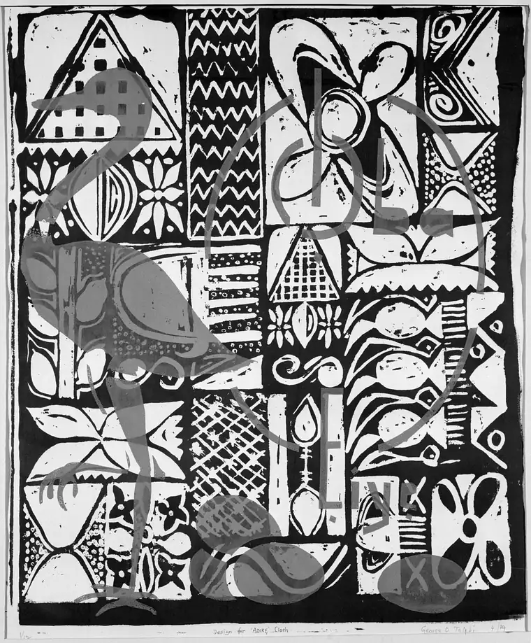 A hand-drawn design sheet for adire cloth: a grid of panels filled with circles, lines and leaf shapes.
